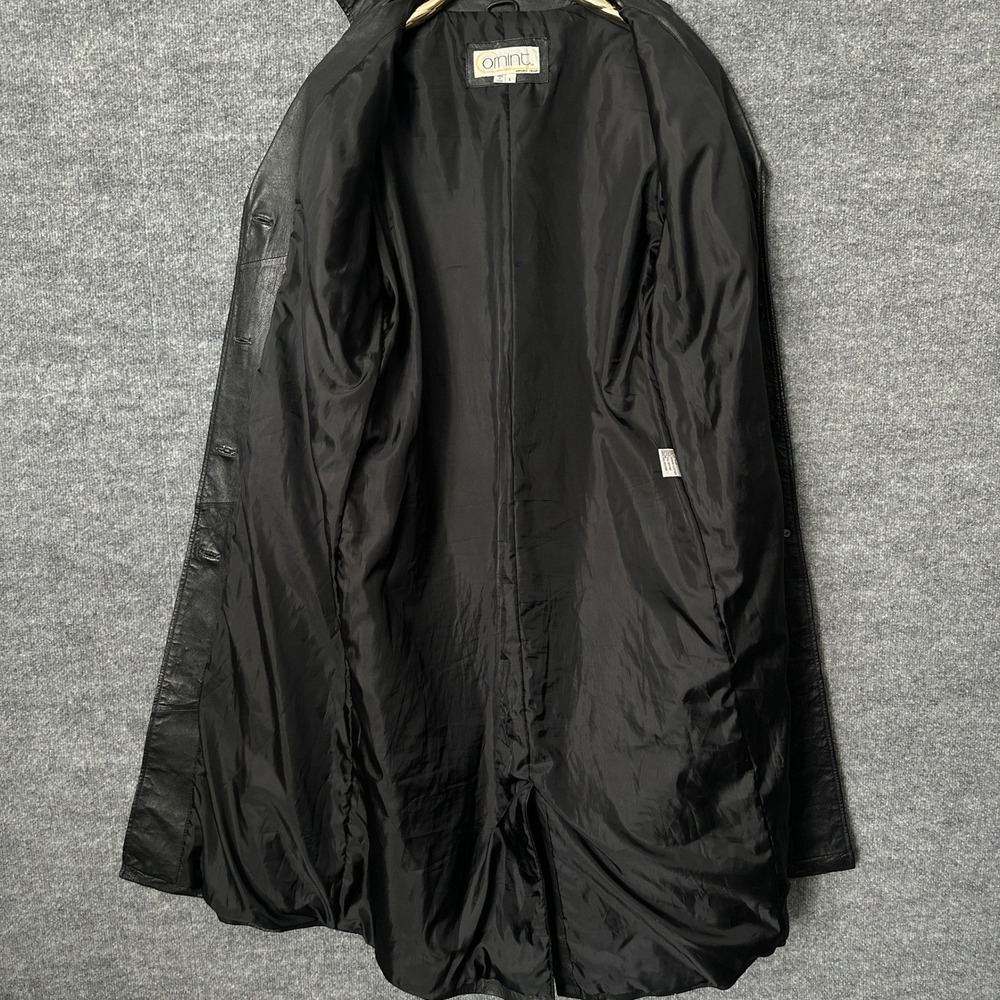 Vintage Omint Trench Coat Womens L Black Leather Long Classic Gothic Jacket - Picture 7 of 16